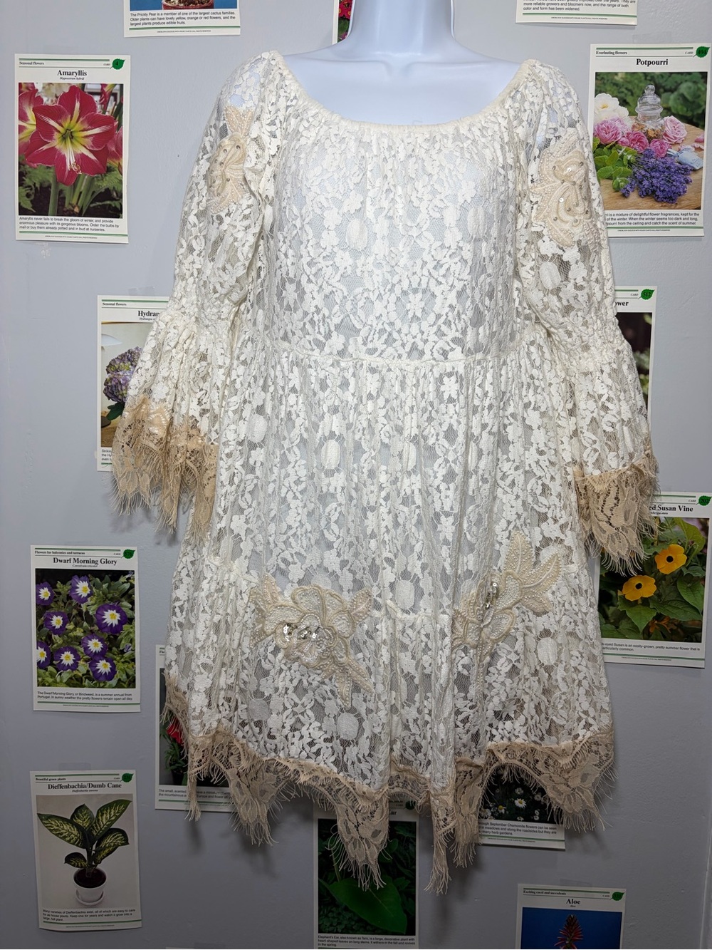 VENUS White Lace Boho Dress with Beige Trim